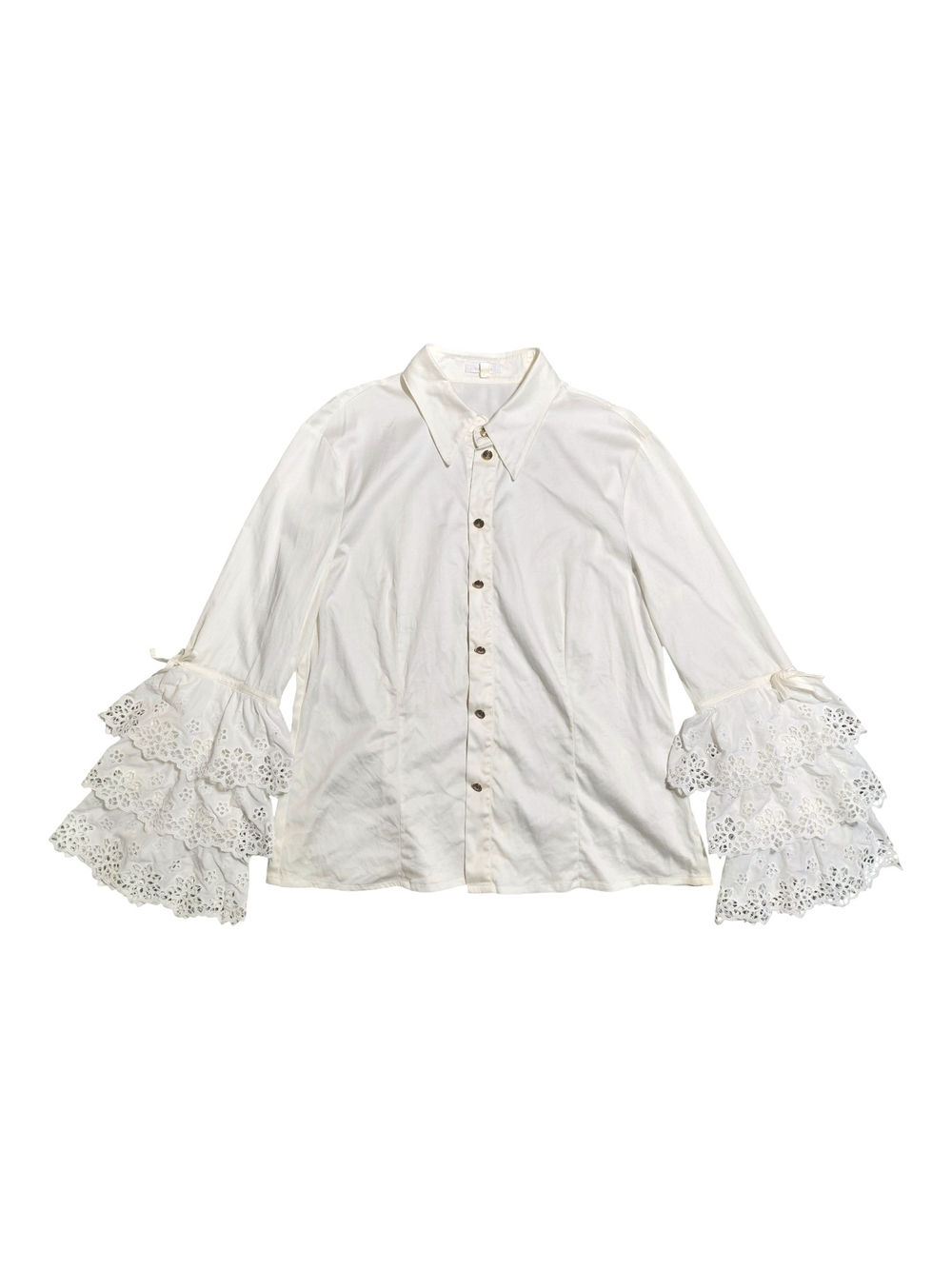 Rare 80s Escada Margaretha Ley White Cotton Blouse Tiered Ruffle Bell Sleeve